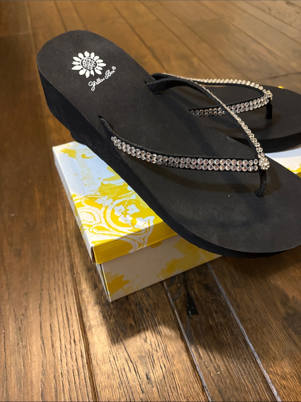 Yellow Box Black Wedge Flip Flops with Crystal Straps